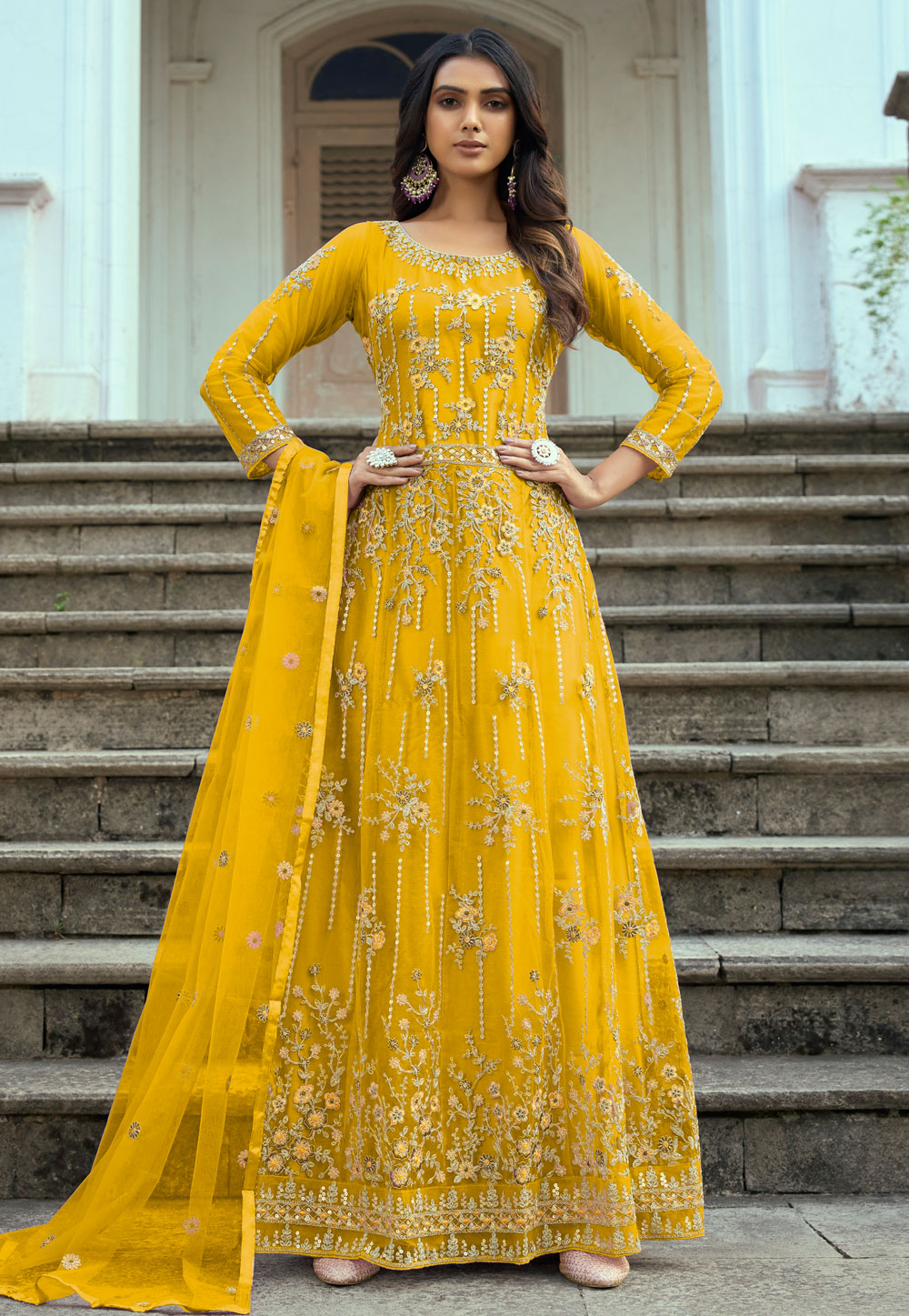 Yellow Net Abaya Style Anarkali Suit 262187