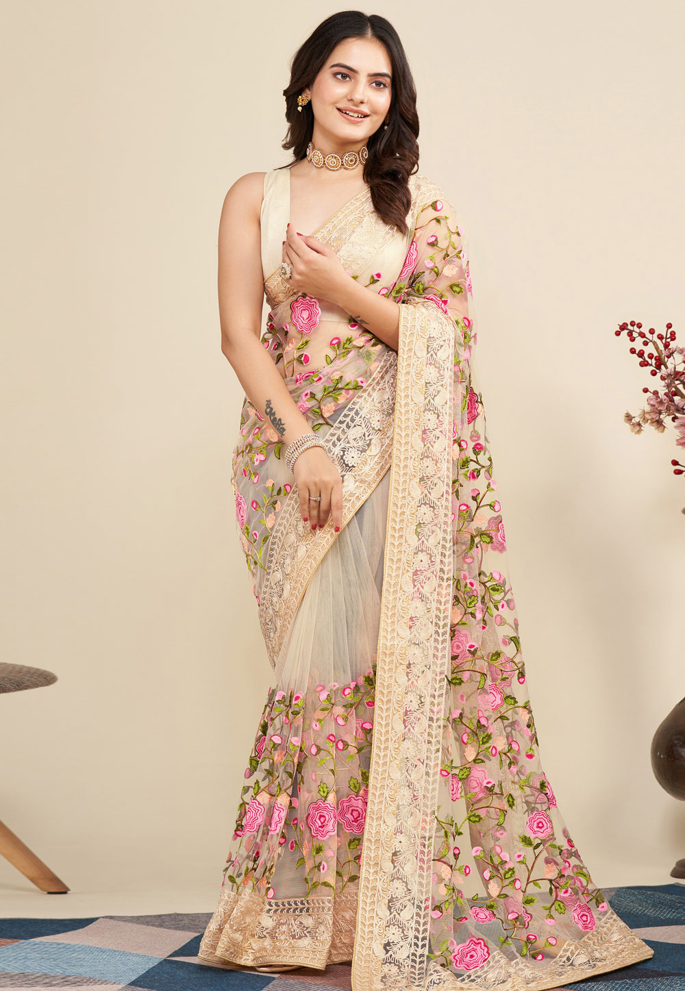 Beige Soft Net Saree With Blouse 270384