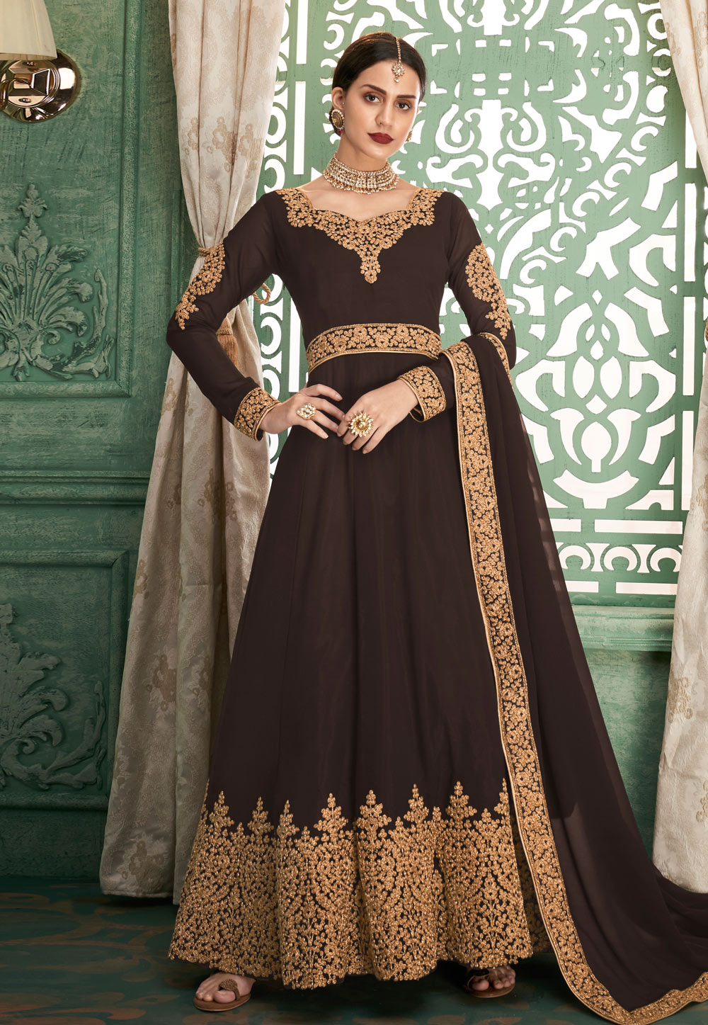 Brown Georgette Embroidered Ankle Length Anarkali Suit 190595