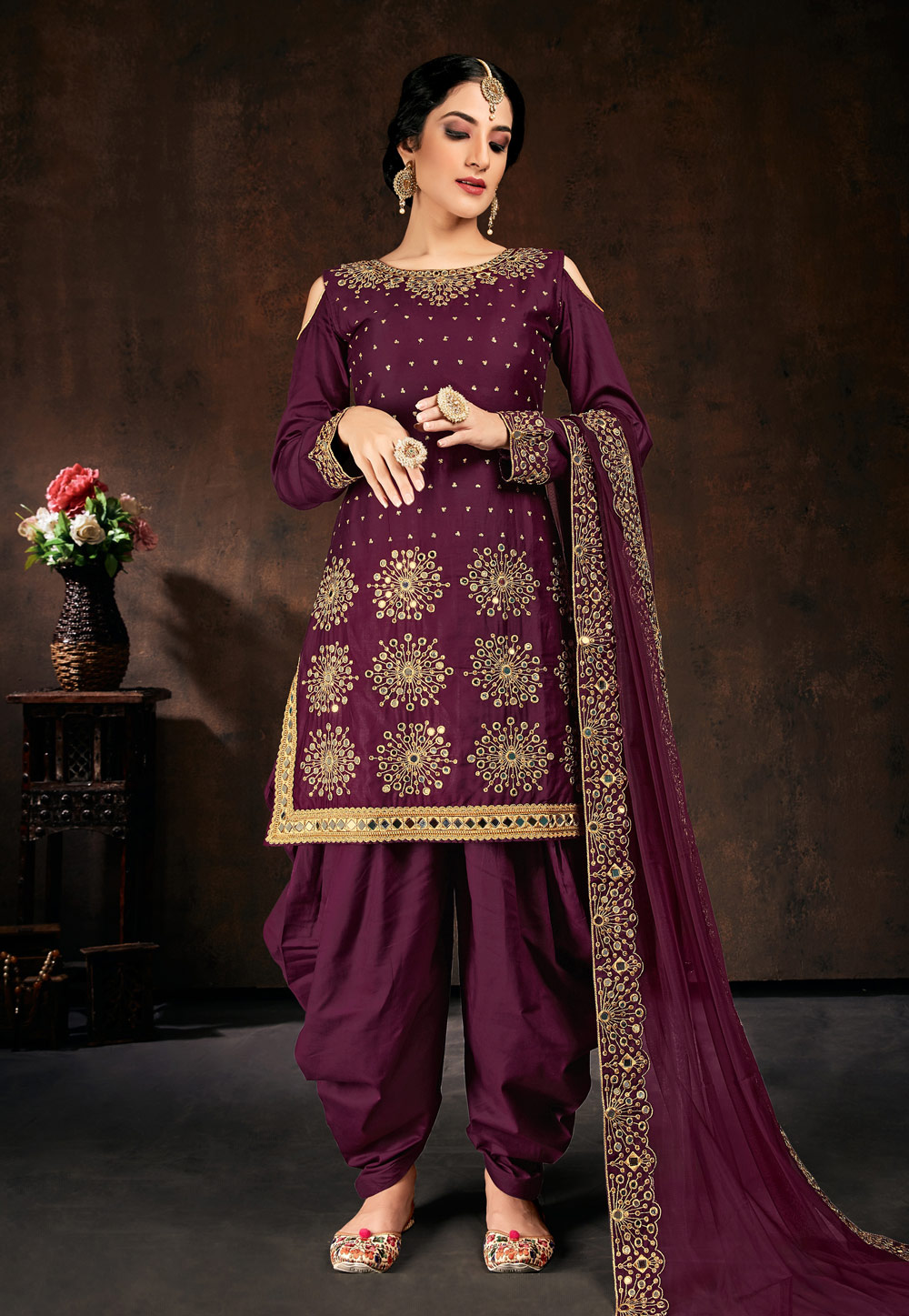 Purple Cotton Cold Shoulder Patiala Suit 219719