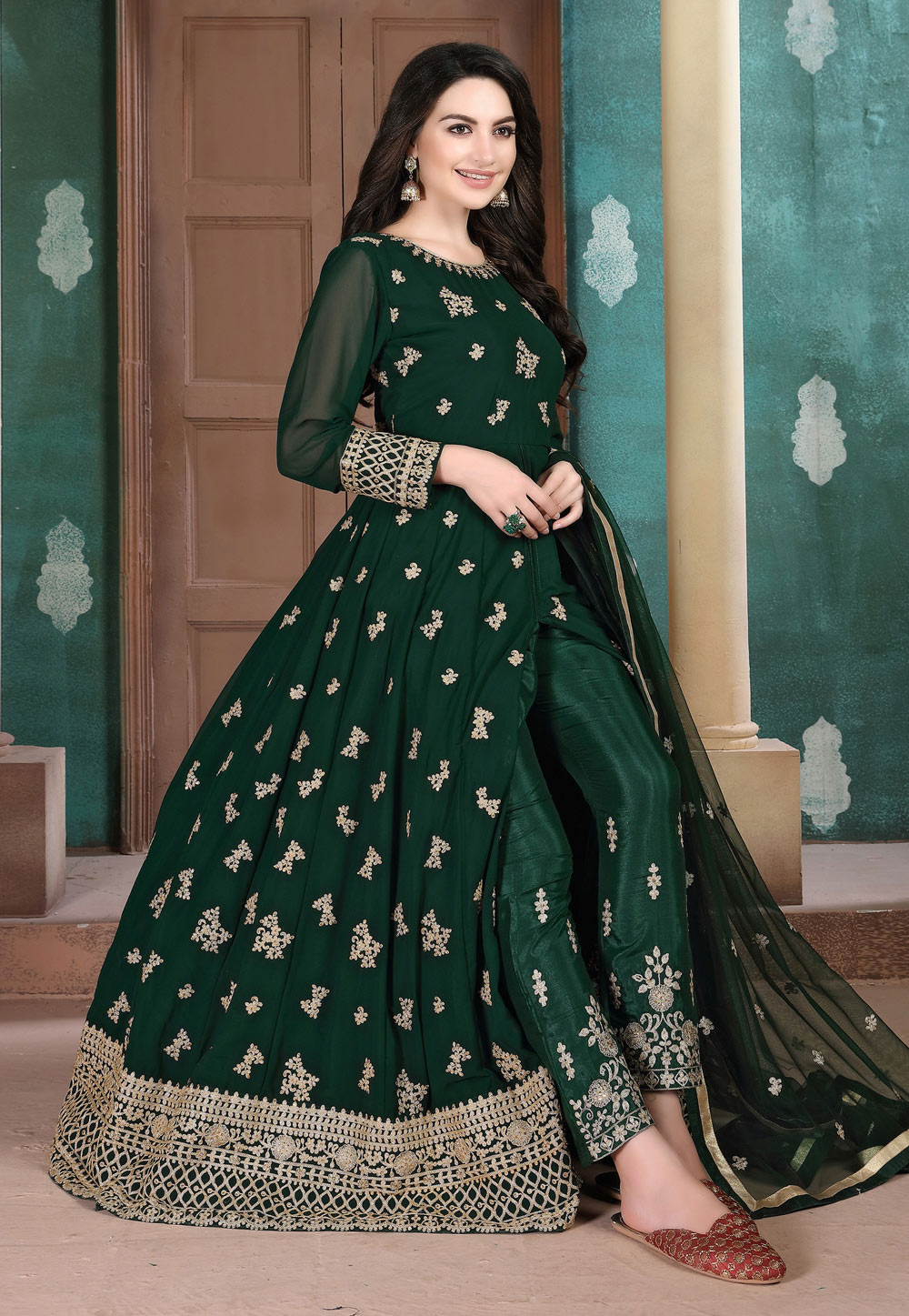 Green Faux Georgette Pant Style Suit 208951