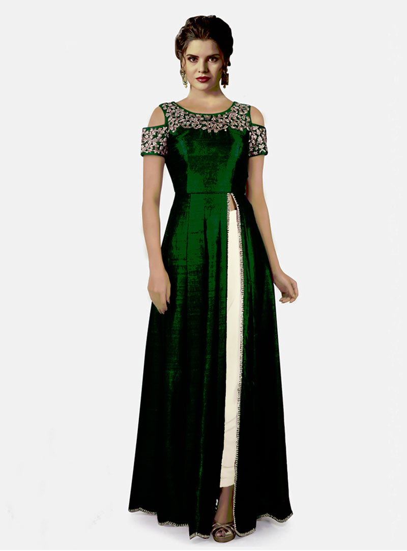 Green Raw Silk Side Slit Pant Style Suit 153206