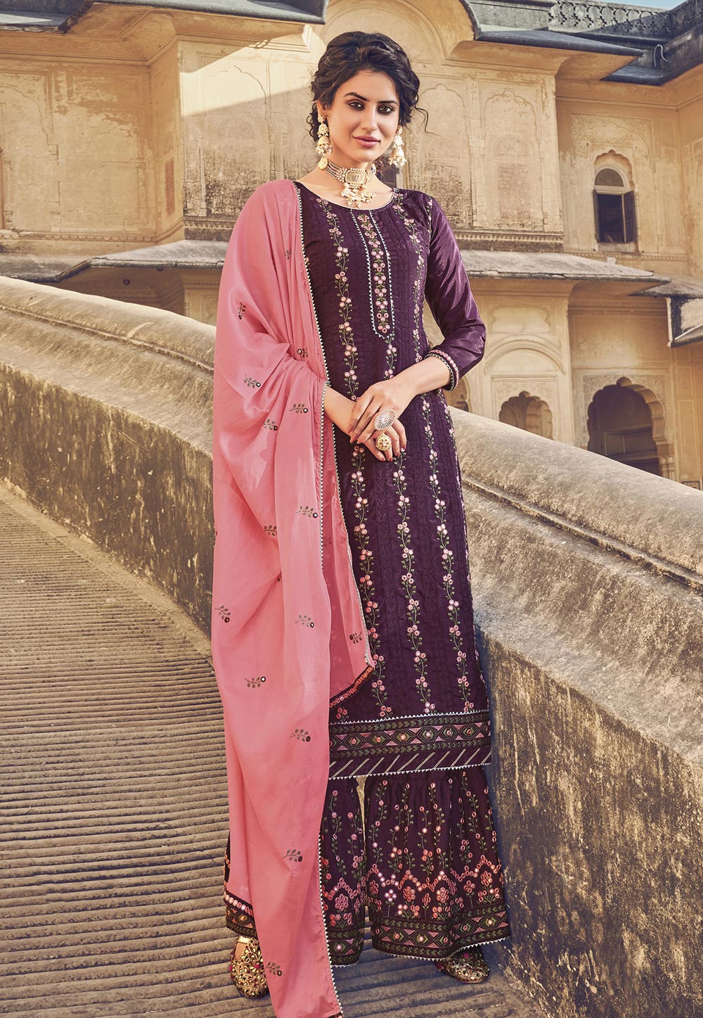 Purple Chinon Embroidered Sharara Suit 230577