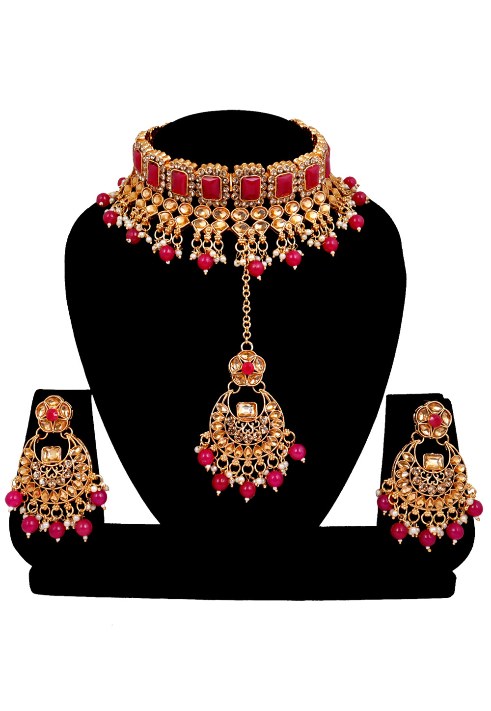 Magenta Alloy Austrian Diamonds and Kundan Necklace Set With Earrings and Maang Tikka 272588