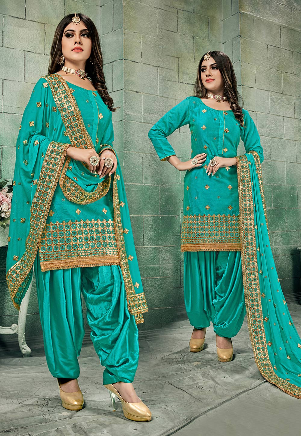 Turquoise Chanderi Silk Punjabi Suit 209219