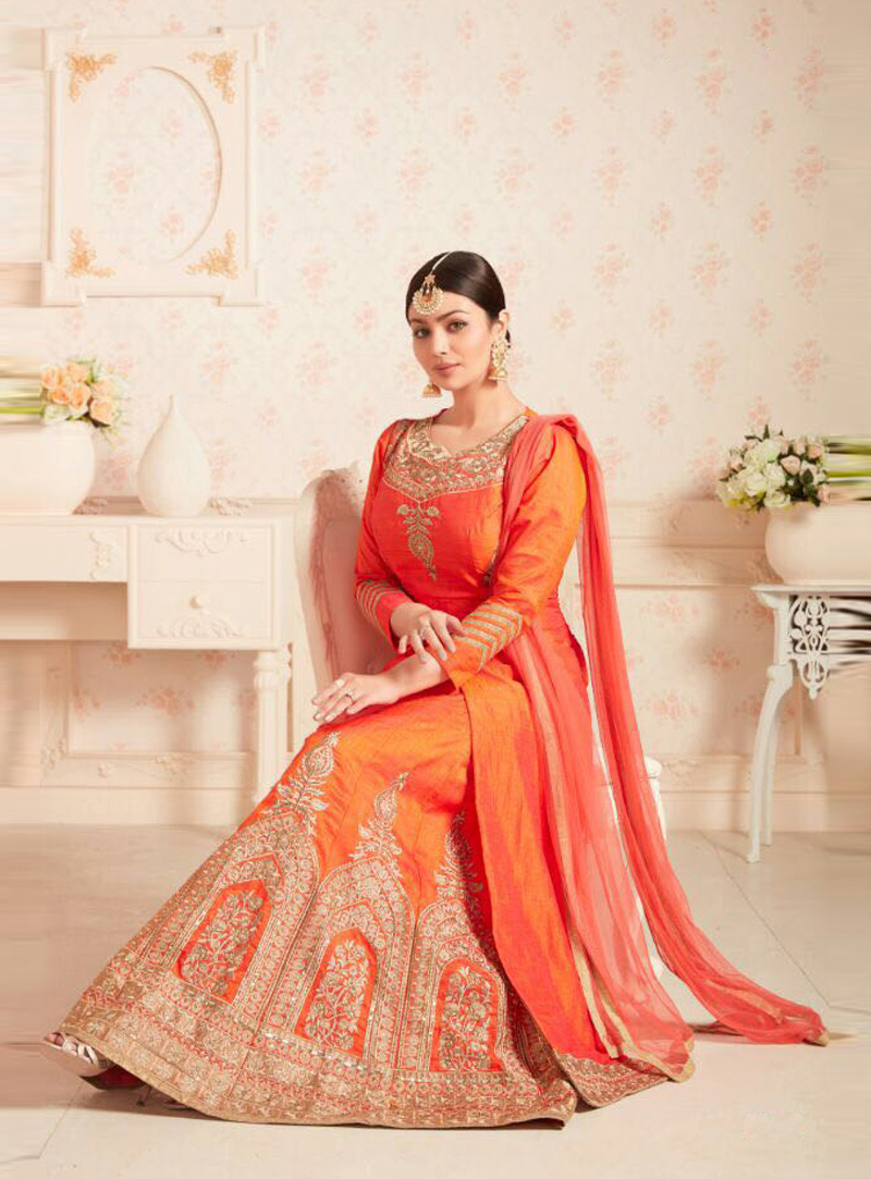 Ayesha Takia Orange Banarasi Silk Long Choli Lehenga 89539