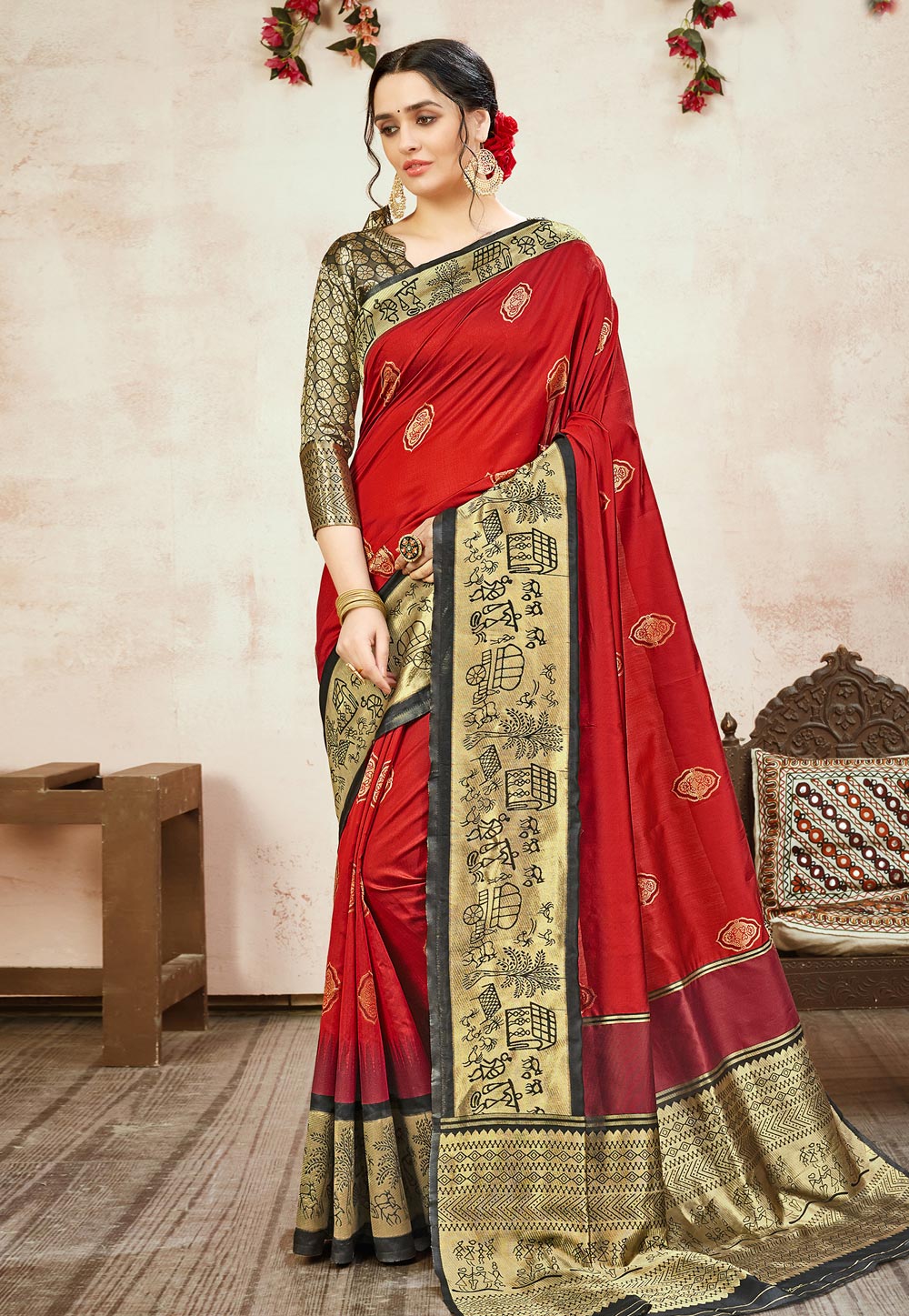 Red Banarasi Silk Festival Wear Saree 218483