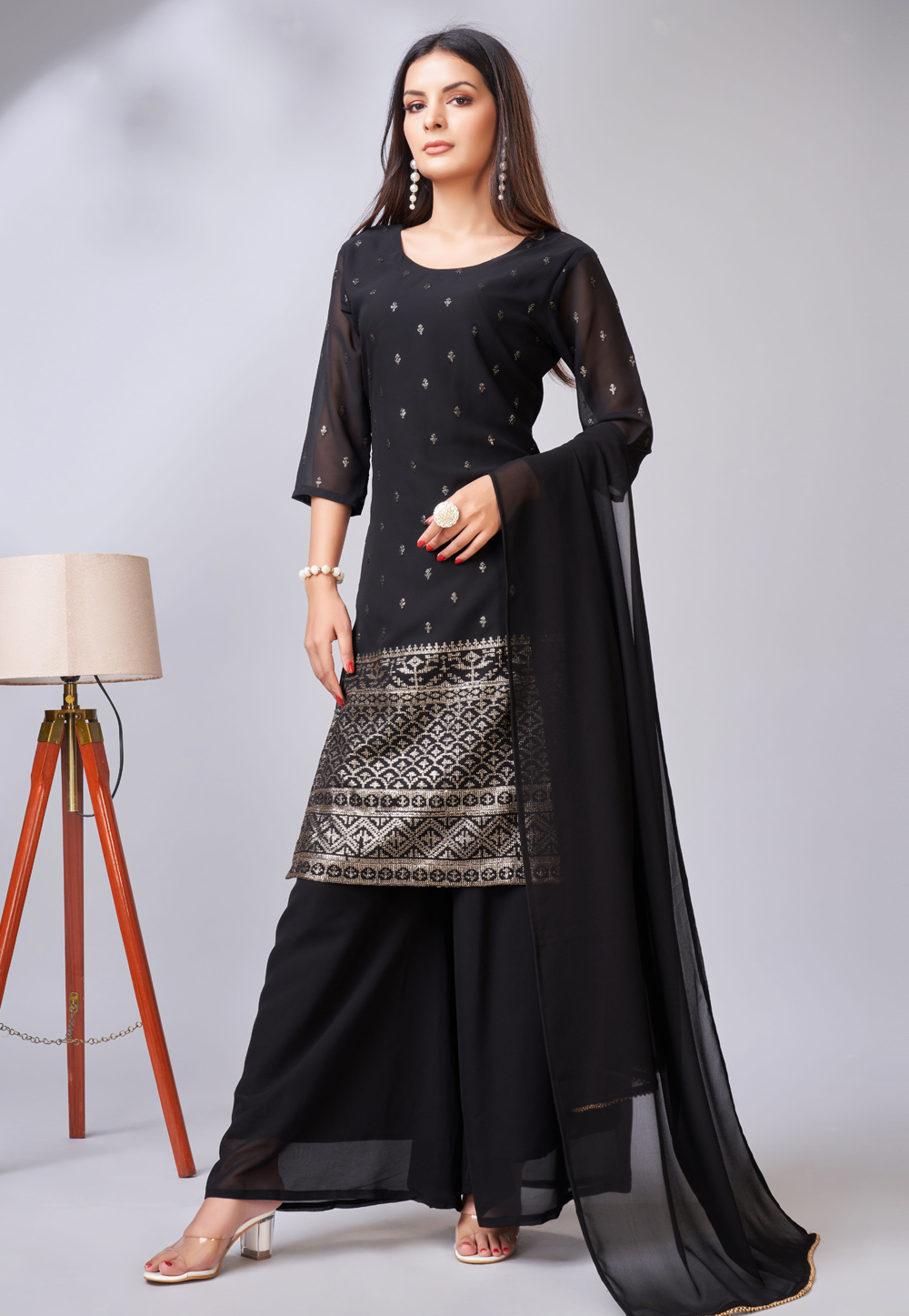 Black Georgette Readymade Palazzo Suit 273194