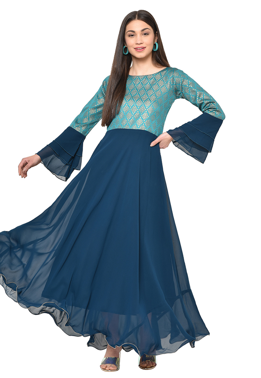 Blue Georgette Flared Gown 207347