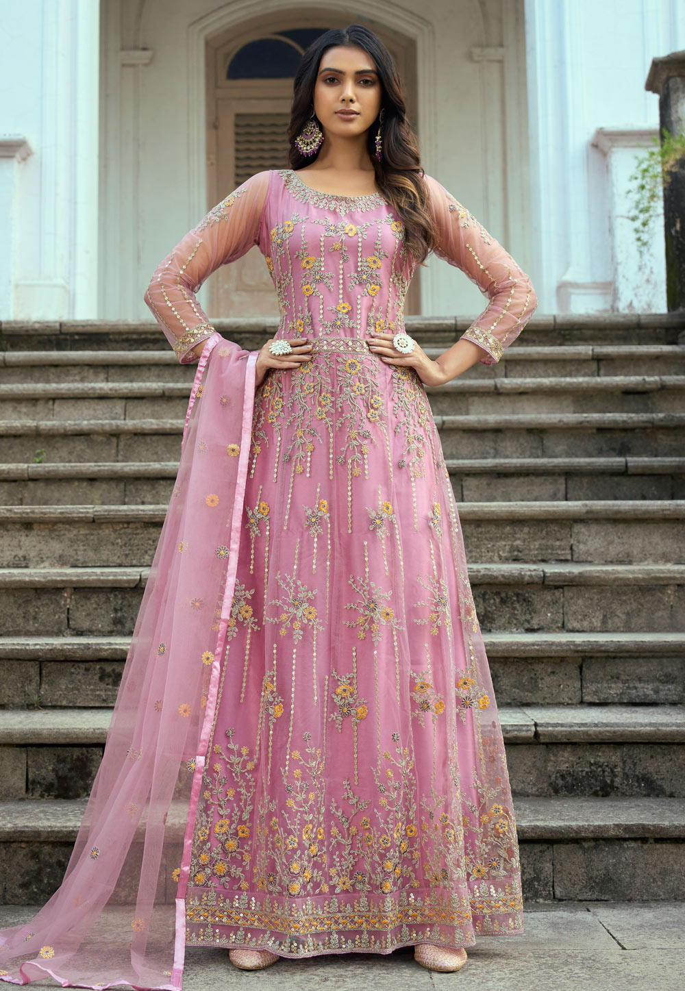 Pink Net Abaya Style Anarkali Suit 256751