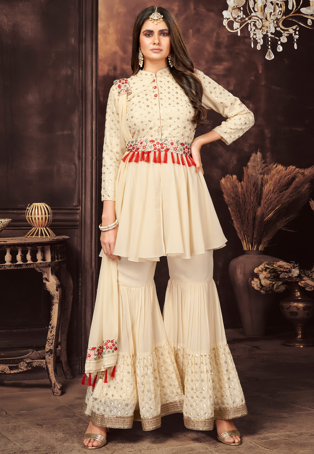 Off White Georgette Readymade Sharara Suit 243074