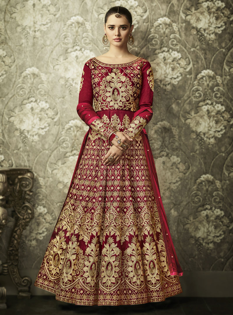 Maroon Silk Floor Length Anarkali Suit 139804