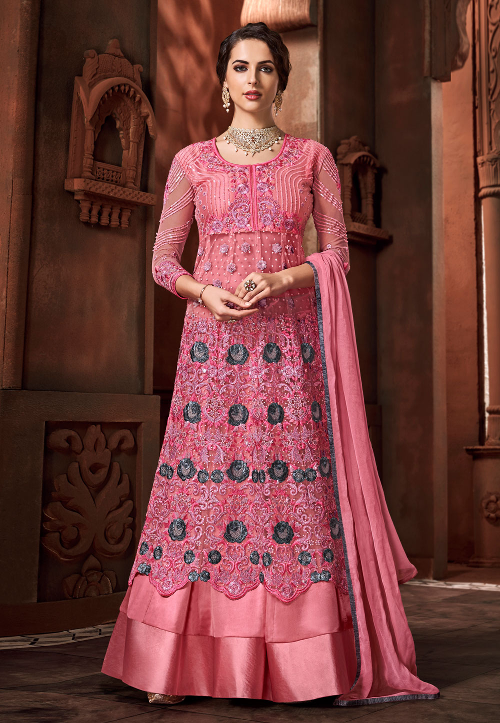 Pink Satin Embroidered Indo Western Lehenga Choli 195905
