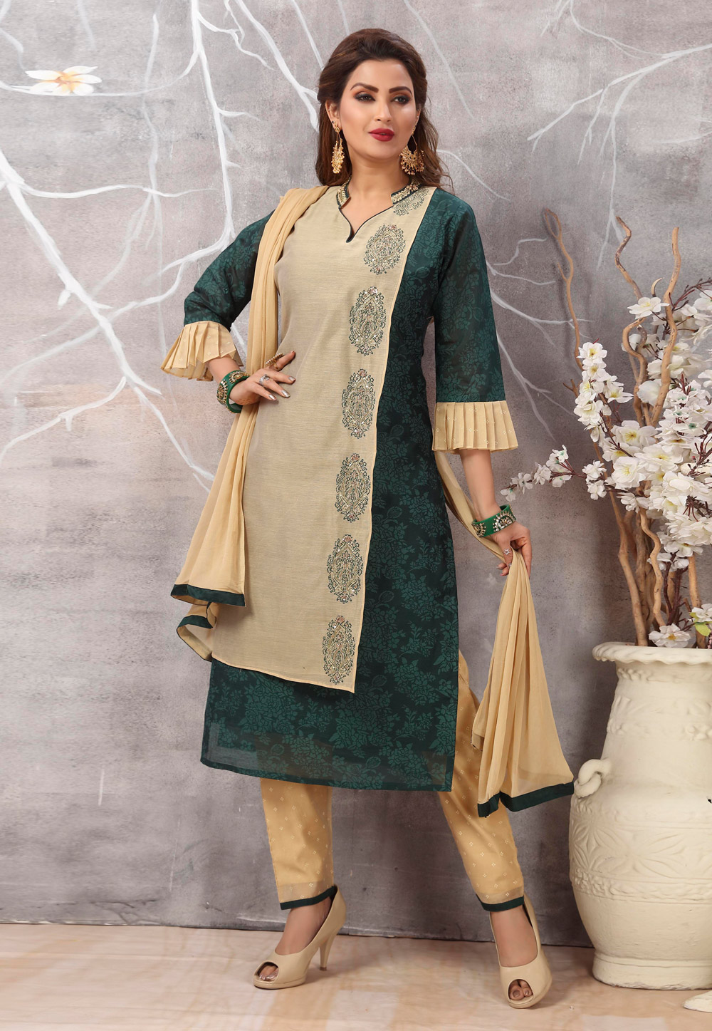 Teal Green Chanderi Readymade Pant Style Suit 206501