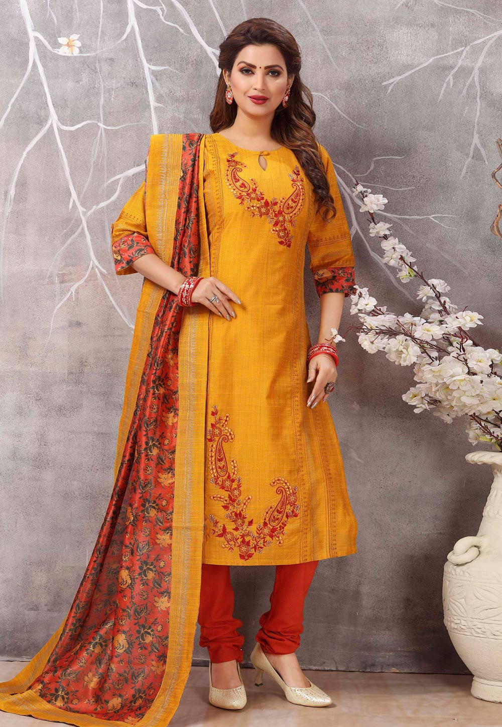 Orange Cotton Readymade Churidar Salwar Suit 206505
