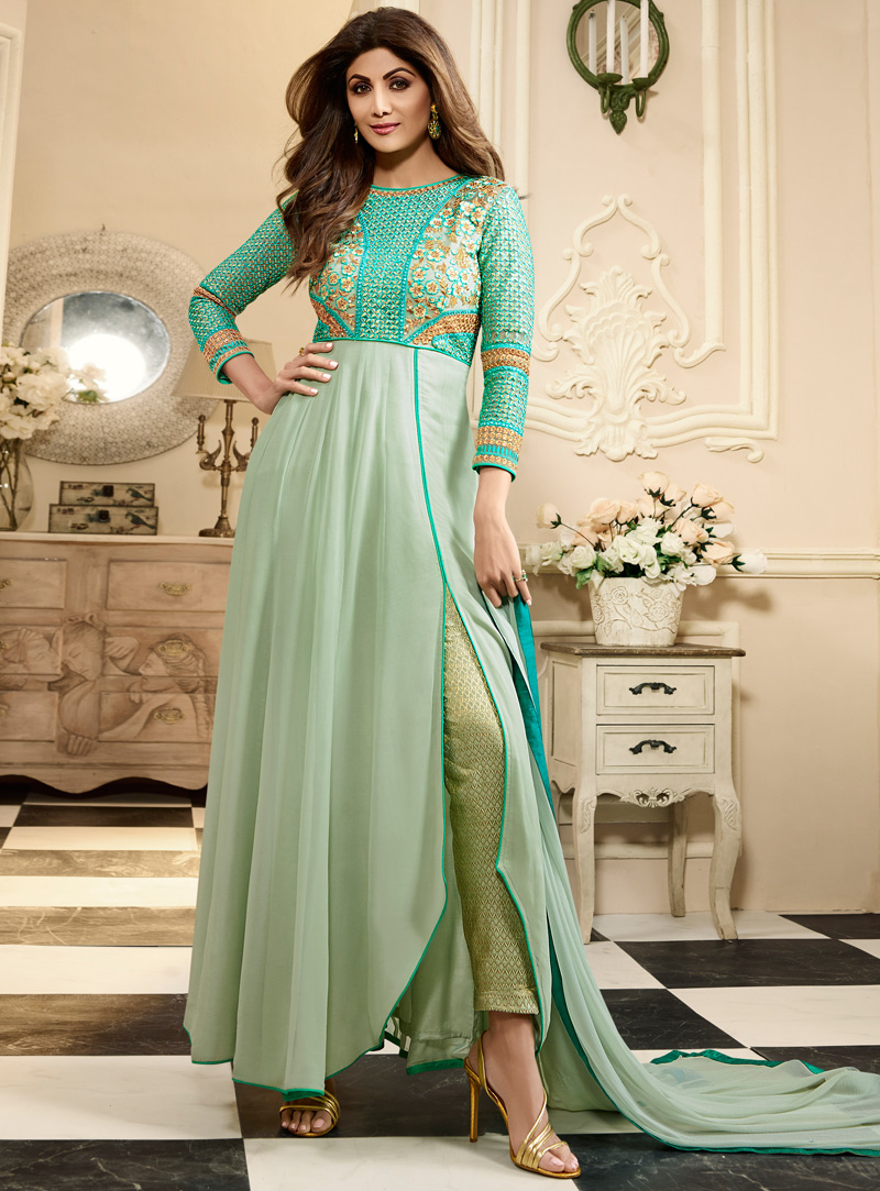 Shilpa Shetty Sea Green Georgette Designer Pant Style Suit 94860