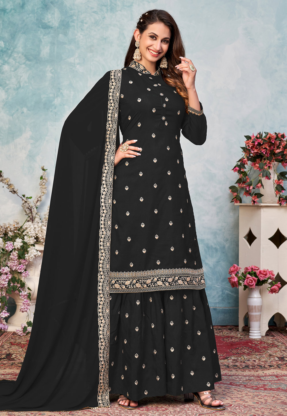 Black Art Silk Sharara Suit 240726