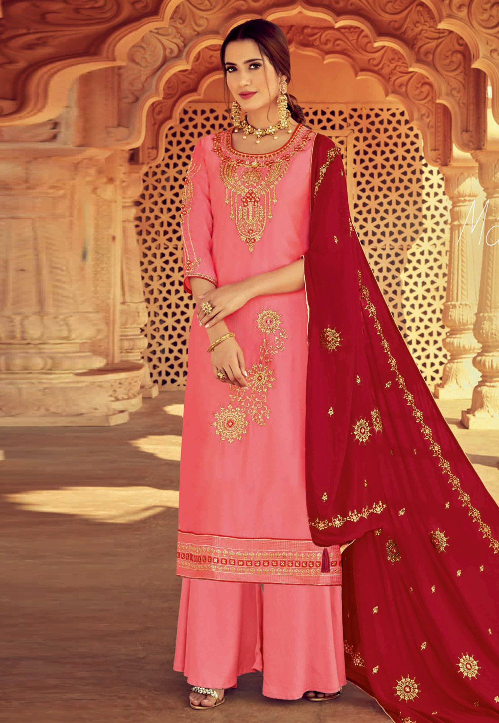 Pink Satin Georgette Palazzo Suit 206510