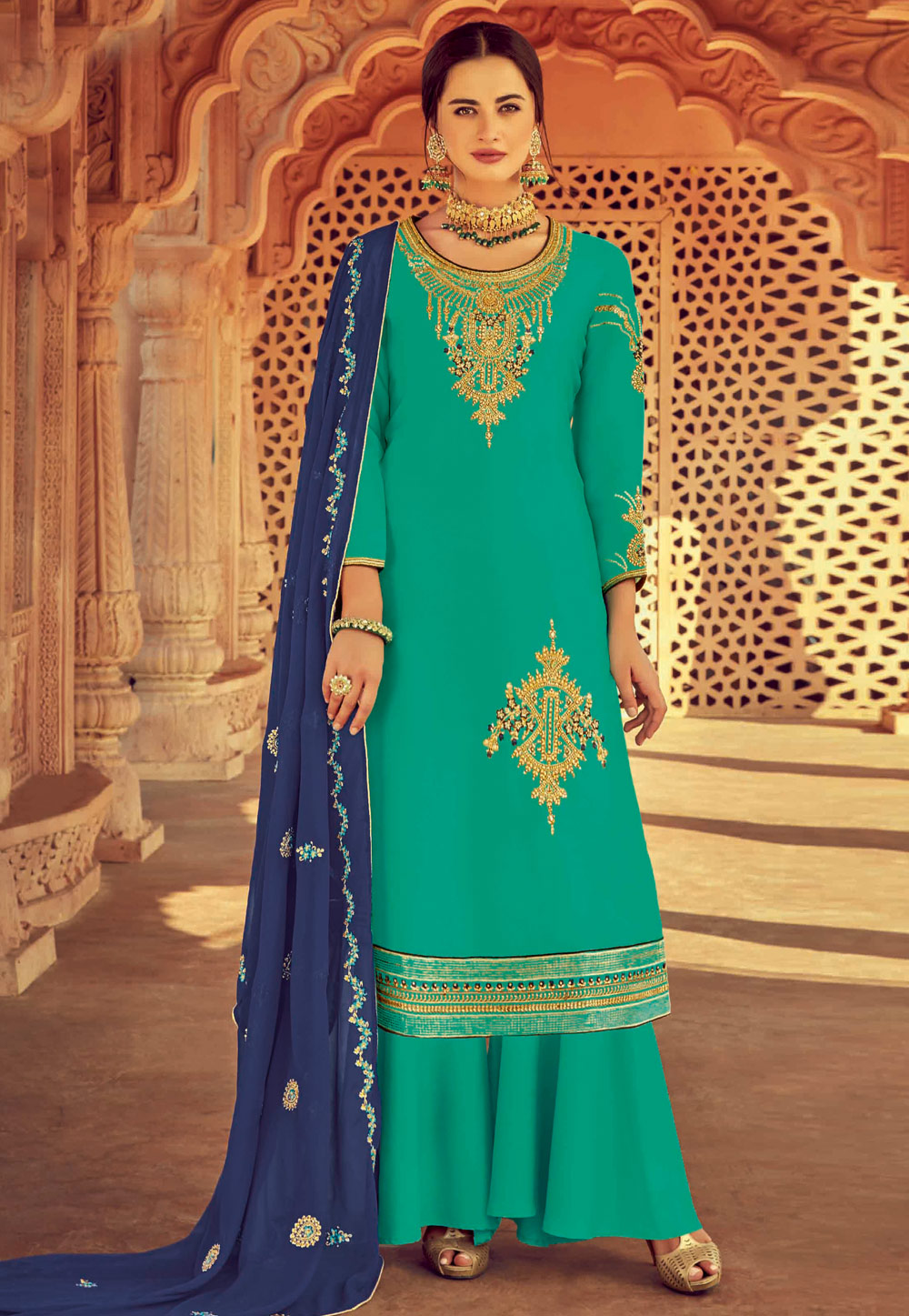 Turquoise Satin Georgette Kameez With Palazzo 206511