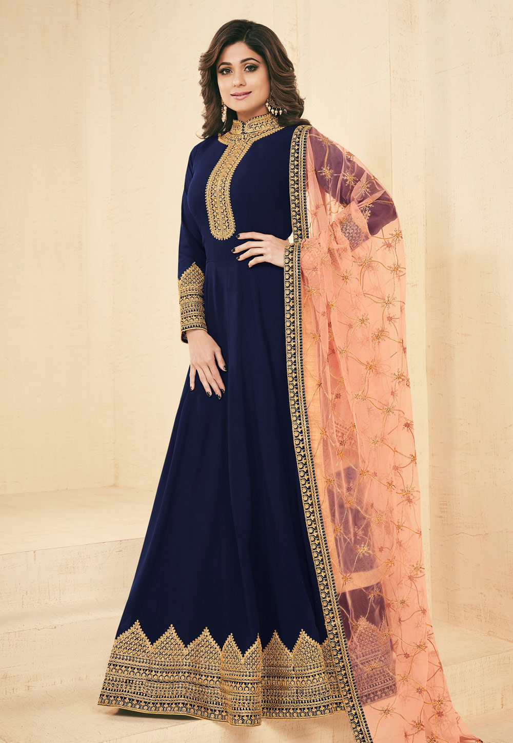 Shamita Shetty Navy Blue Georgette Anarkali Suit 154354