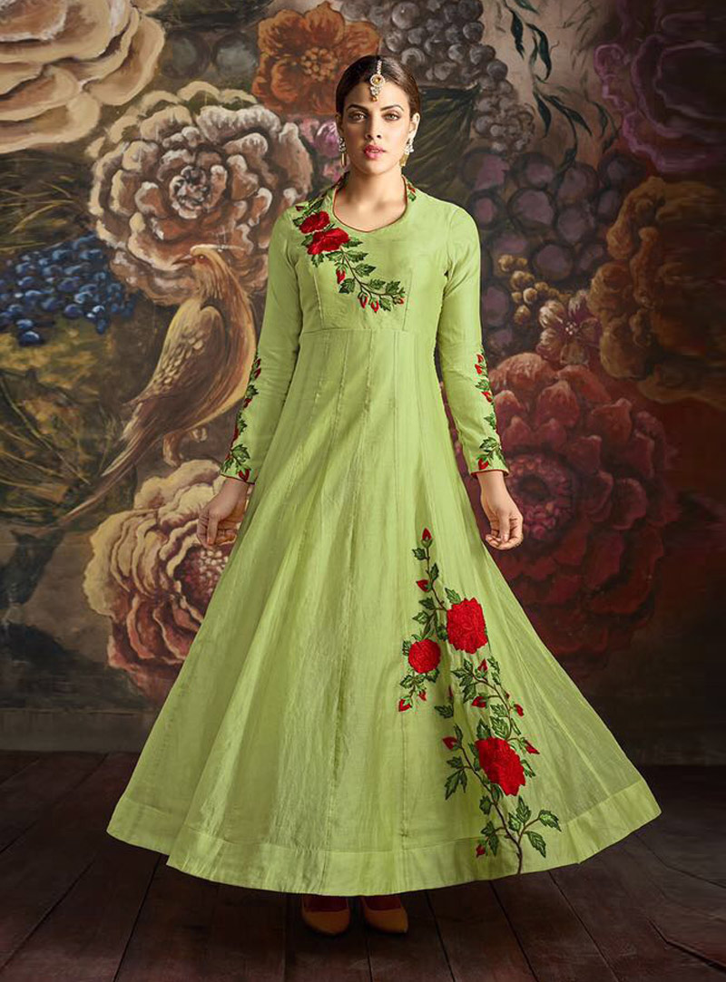 Light Green Silk Embroidery Work Long Anarkali Suit 87276