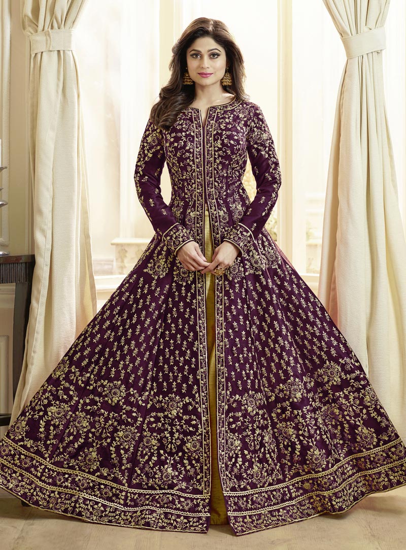 Shamita Shetty Purple Silk Long Choli Lehenga 142496