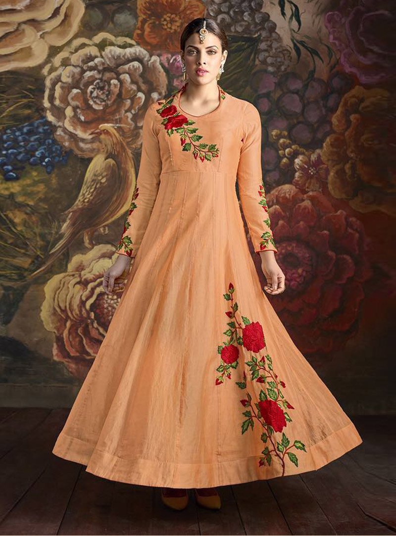 Orange Silk Embroidery Work Long Anarkali Suit 87278