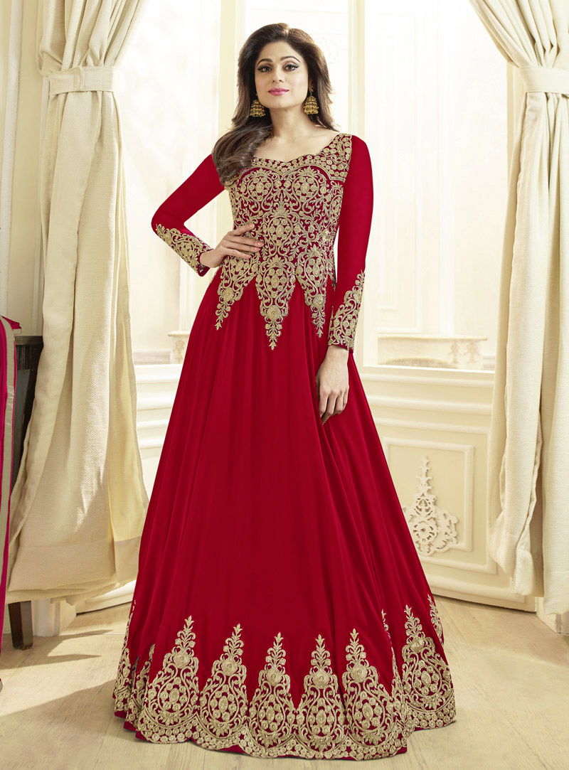 Shamita Shetty Red Georgette Long Anarkali Suit 146430