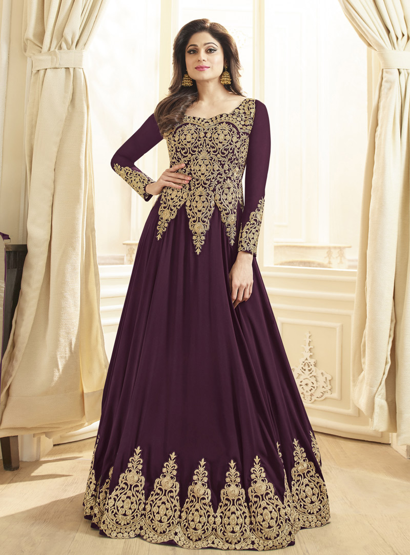 Shamita Shetty Purple Georgette Long Anarkali Suit 146432