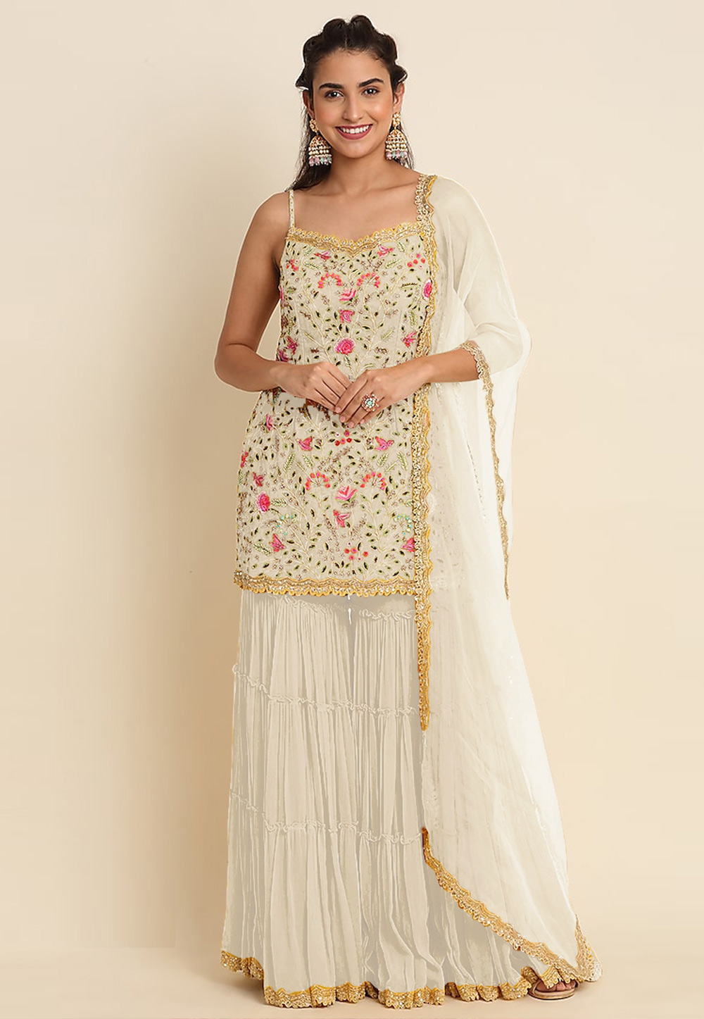 Off White Faux Georgette Sharara Suit 254667