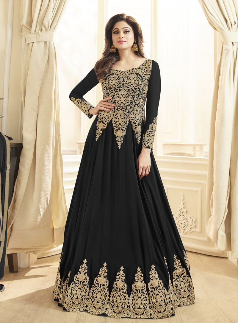 Shamita Shetty Black Georgette Abaya Style Anarkali Suit 146433