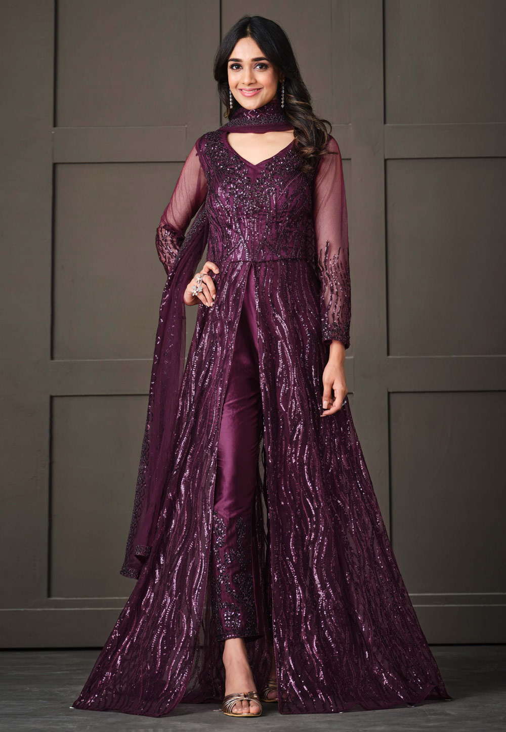 Purple Net Embroidered Pant Style Suit 258766