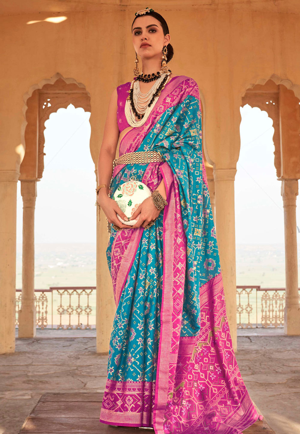 Turquoise Patola Silk Saree With Blouse 262131