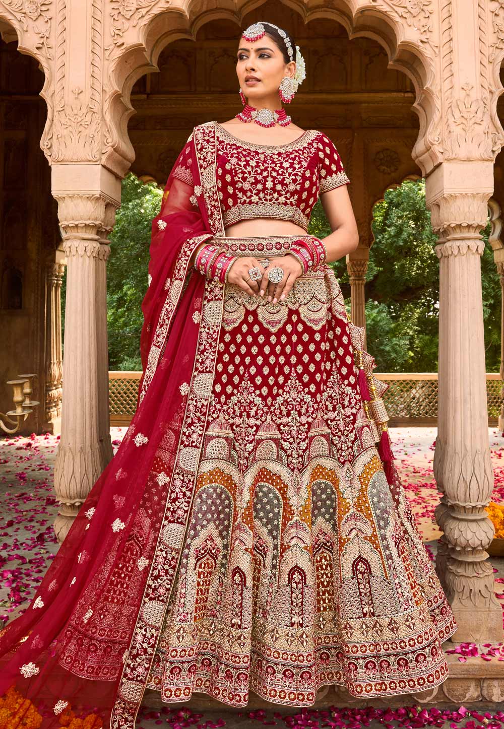 Maroon Velvet Embroidered Bridal Lehenga Choli 250239