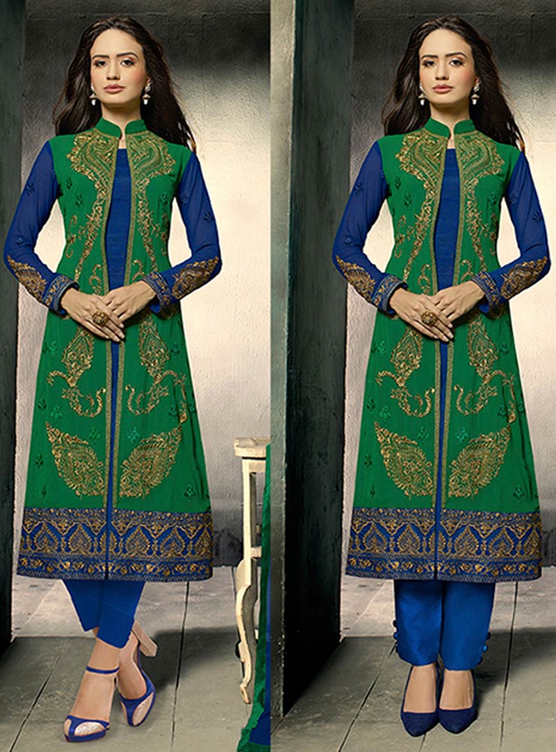 Green Georgette Pakistani Style Suit 57042