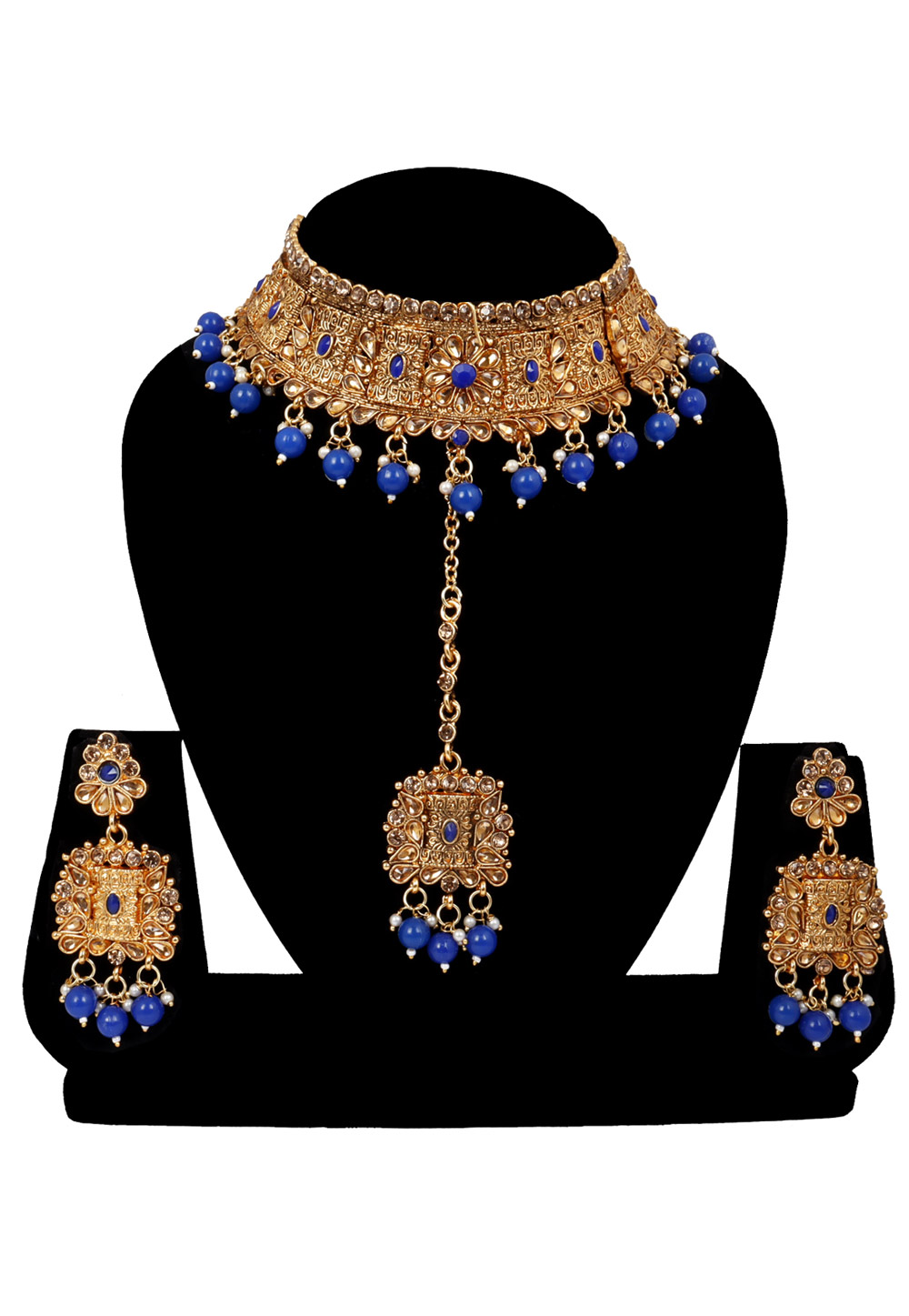 Blue Alloy Austrian Diamonds and Kundan Necklace Set With Earrings and Maang Tikka 272589