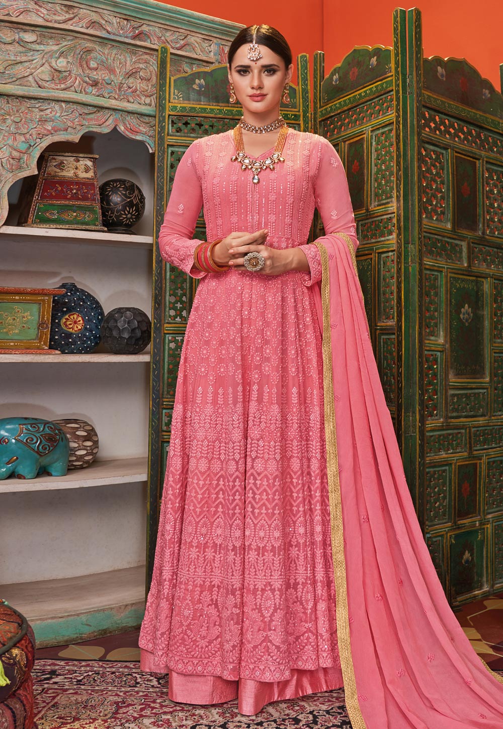 Pink Faux Georgette Anarkali Suit With Palazzo 207128