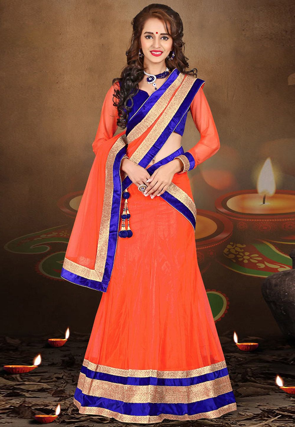 Buy Rangpur Orange Lehenga Set With Blue Banarasi Dupatta online