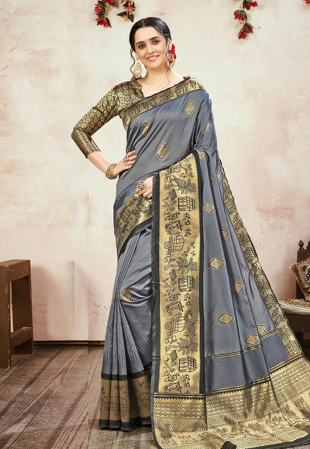 Grey Banarasi Silk Saree With Blouse 218484