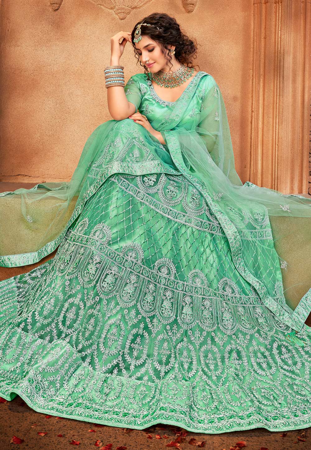 Elegant Sea Green Color Sangeet Wear Net Fabric Lehenga