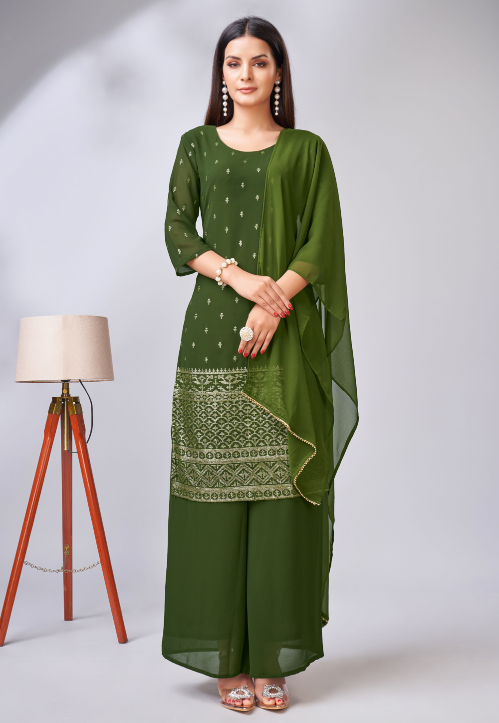 Mehndi Georgette Readymade Pakistani Suit 273195