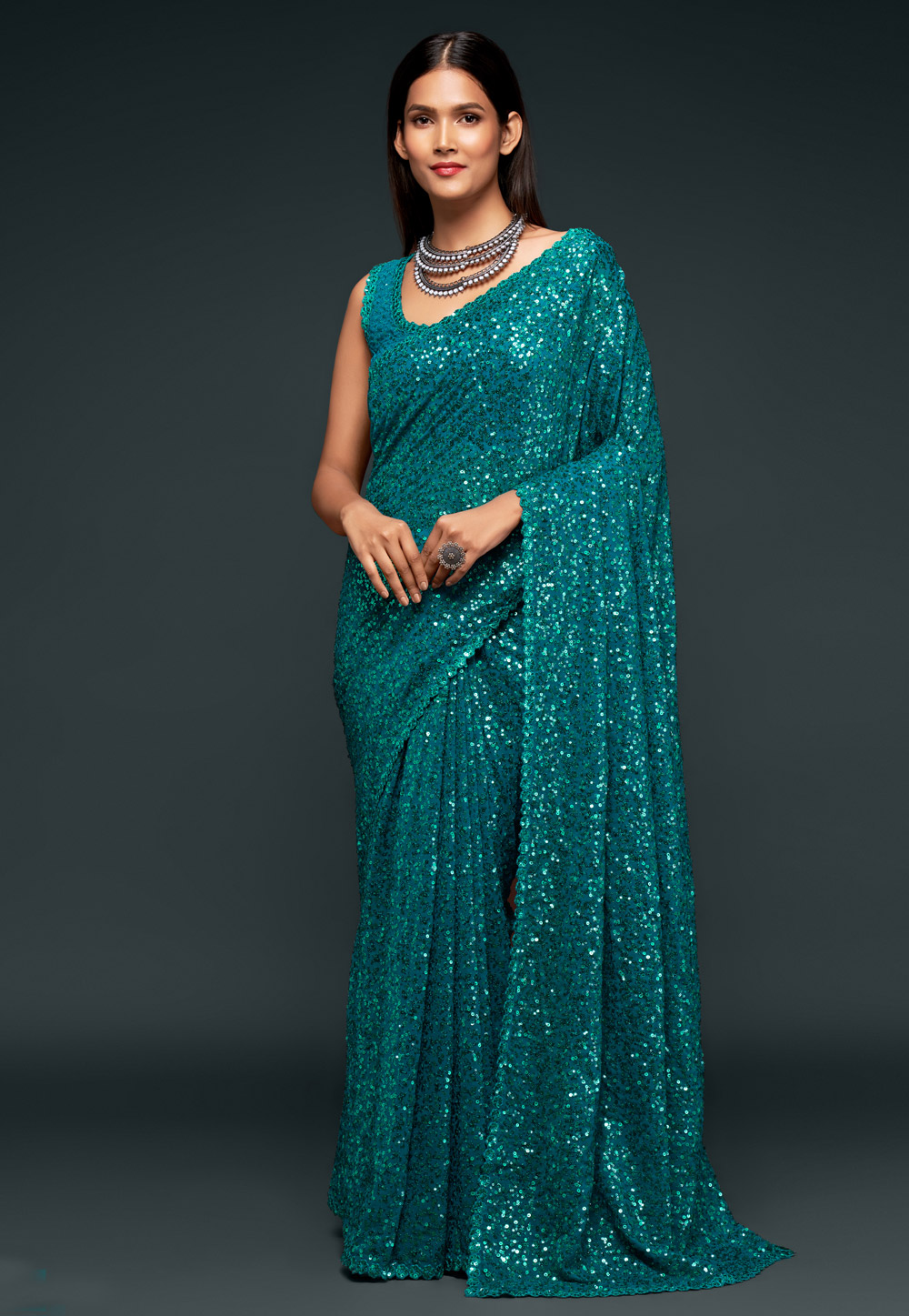 Teal Georgette Saree With Blouse 234297