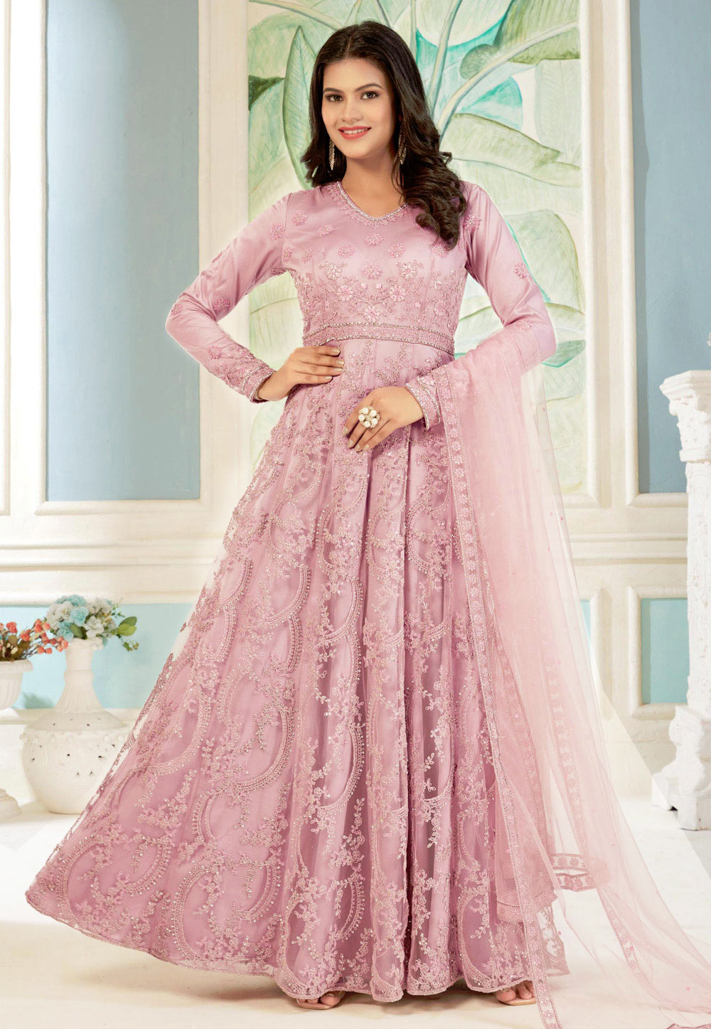 Pink Net Embroidered Anarkali Suit 270937