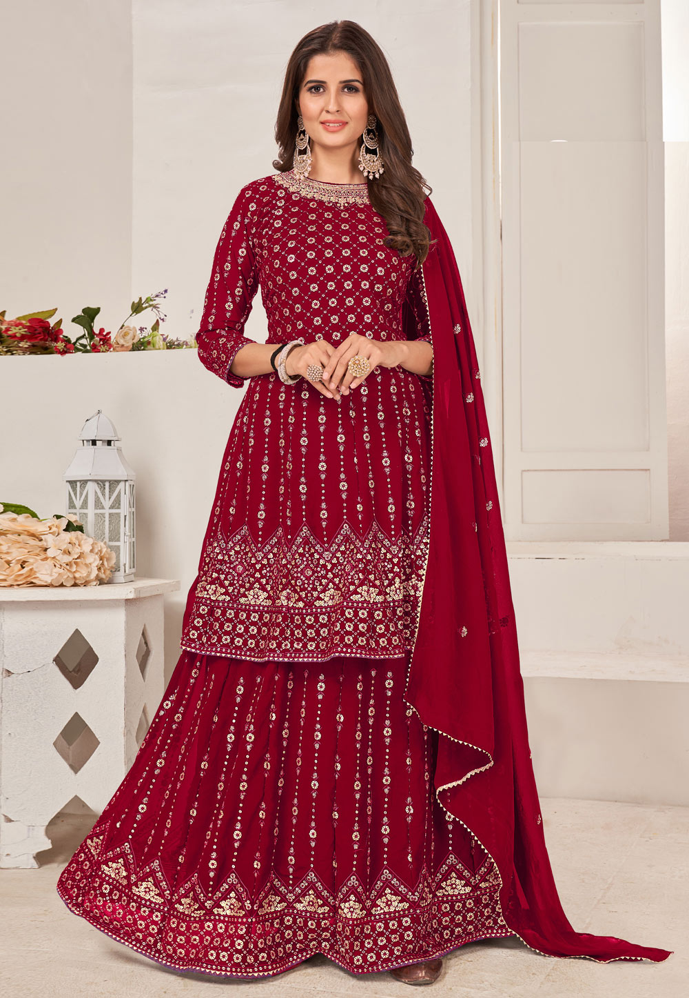 Red Faux Georgette Sharara Suit 255245