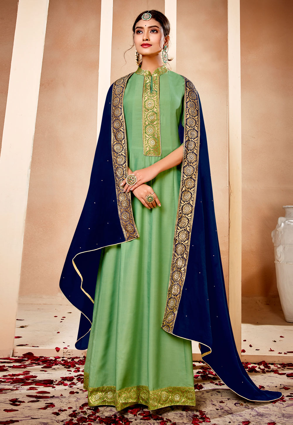 Pista Green Muslin Readymade Abaya Style Anarkali Suit 244222