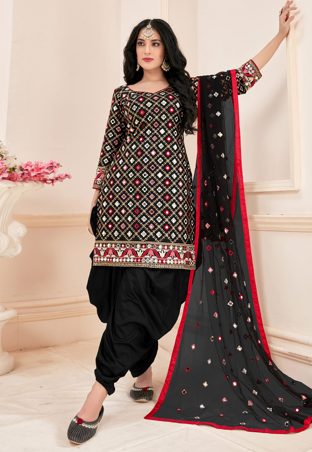 Black Cotton Readymade Punjabi Suit 210874