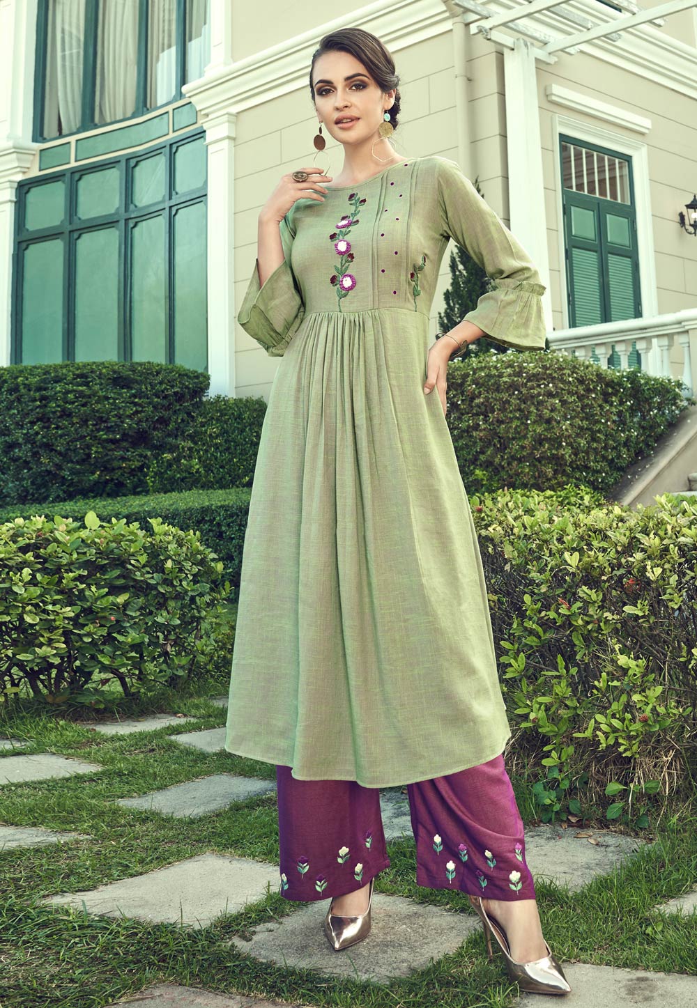 Light Green Cotton Readymade Kameez With Palazzo 198666
