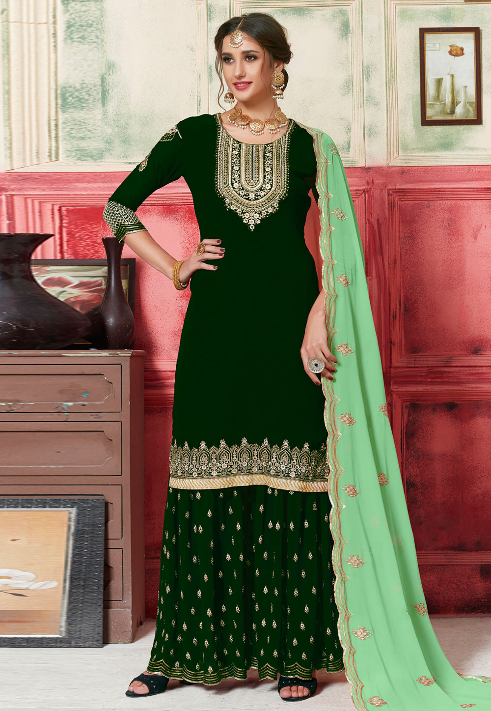 Green Georgette Embroidered Sharara Suit 182741