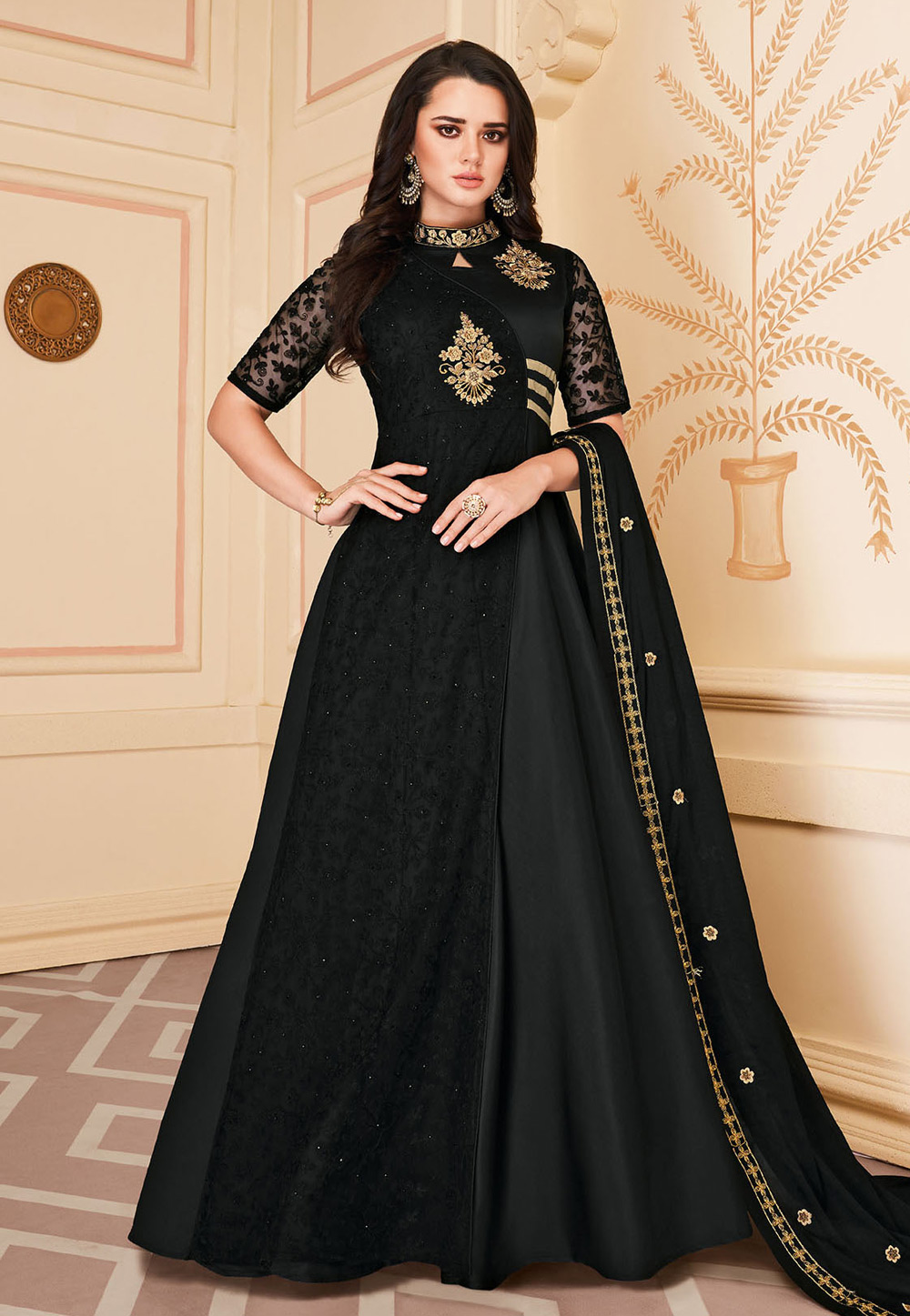Black Silk Designer Anarkali Suit 217426