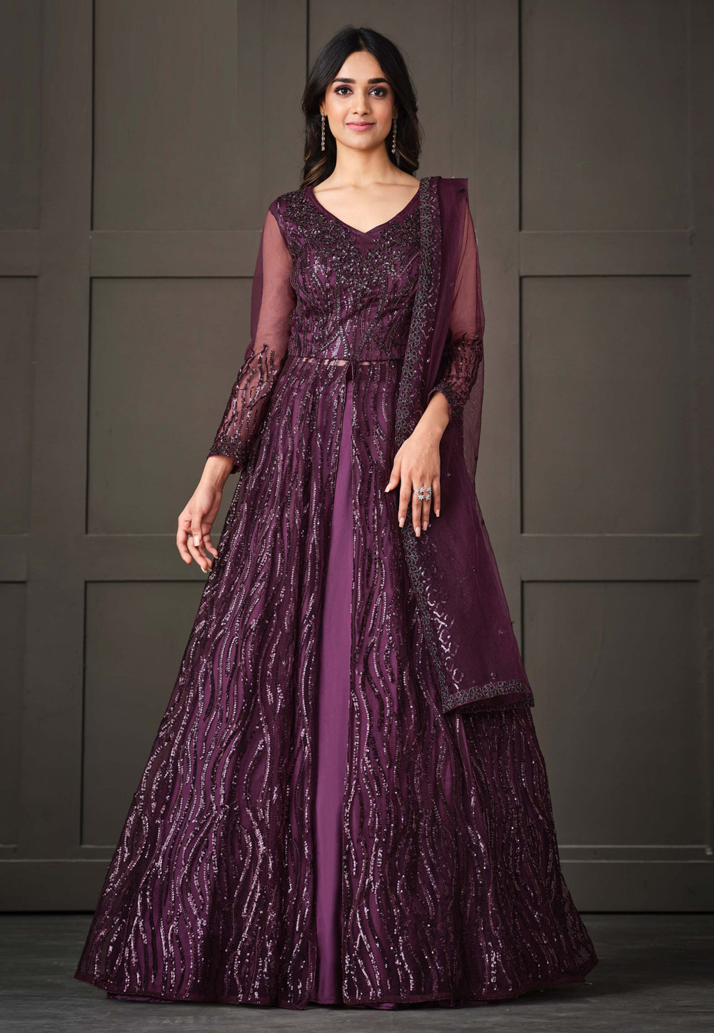 Purple Net Abaya Style Anarkali Suit 258765